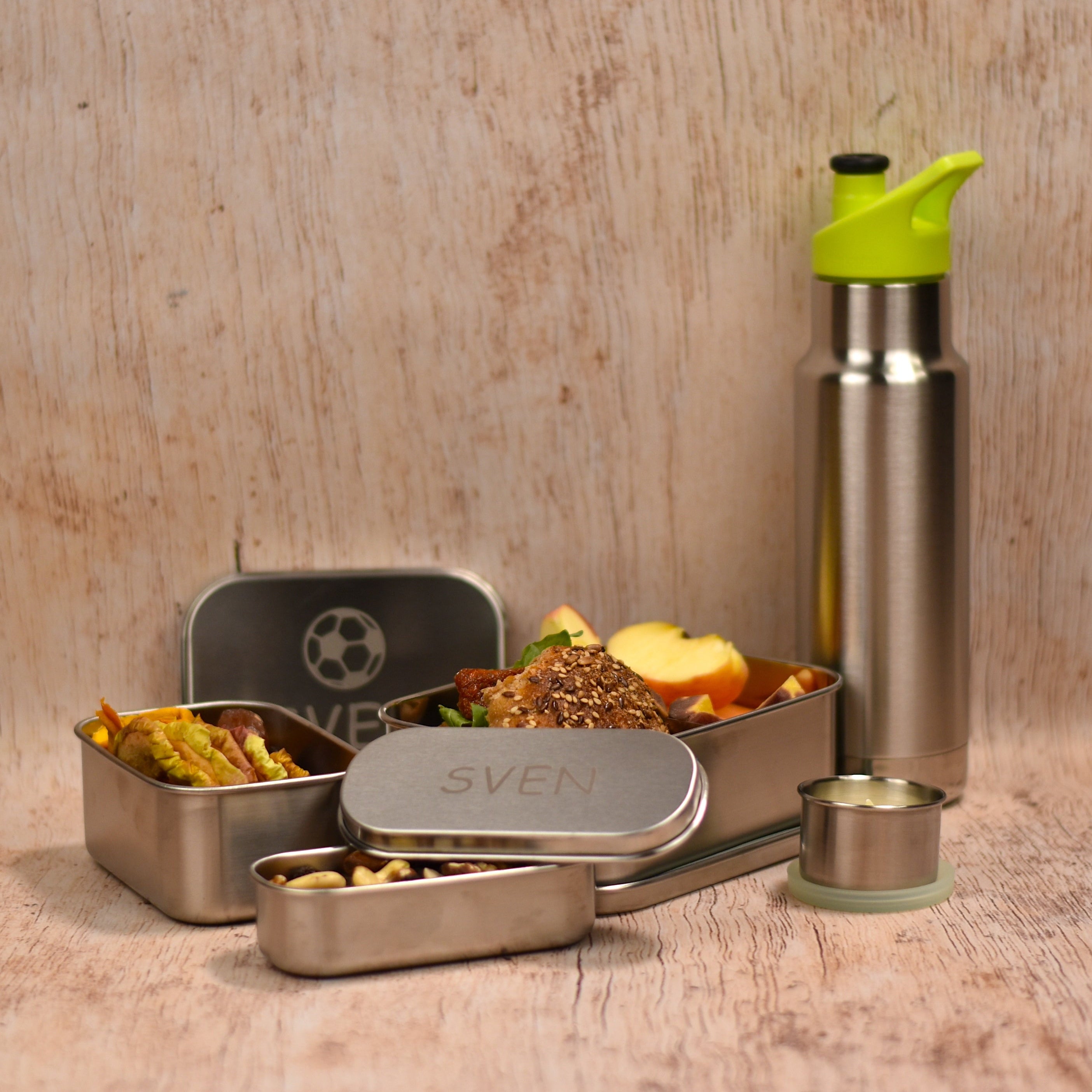 Schulkinder-Komplett-Set: 2 Lunchboxen + 2 kleine Behälter + Flasche – Wert&Voll
